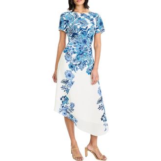 Maggy London Cap Sleeve Asymmetrical Midi Dress in Whisper White/Dutch Blue at Nordstrom, Size 10