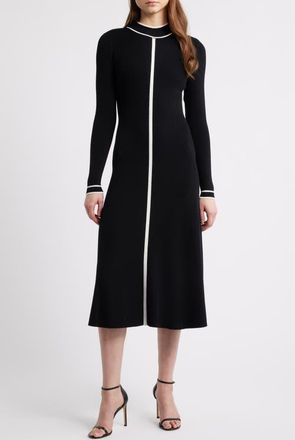 Elie Tahari The Noemi Contrast Trim Long Sleeve Rib Midi Dress in Noir/Sky White at Nordstrom, Size Medium