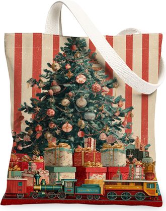 Generic Christmas Tree Canvas Tote Bags, Retro Holiday Design Reusable Grocery Bags, Lightweight Washable Shoulder Strap Canvas for, Multicolor, 13x15 Inch