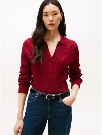 Tommy Hilfiger Womens Open Placket Cable Knit Sweater Polo - Red - XXL