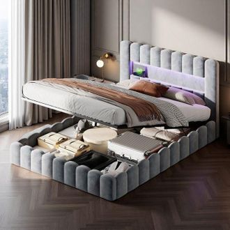 OEM Cama 180x200 Cm - 240309sm - Terciopelo Gris - Led Y Puertos Usb/type-c - Cofre Hidr&aacute;ulico