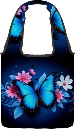 Generic Blue Butterfly Floral Reversible Canvas Shoulder Tote - Double-Sided Print, 12oz Cotton, 27cm Drop, Fold-Flat Bag for Travel, Shopping, Street Outings