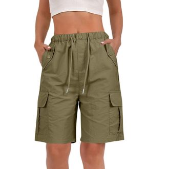 Generic Linen Shorts for Women Cargo Shorts Women UK Cotton Loose Fit Bermuda Shorts with Multi Pockets Summer Drawstring Elasticated Waist Half Pants for Out