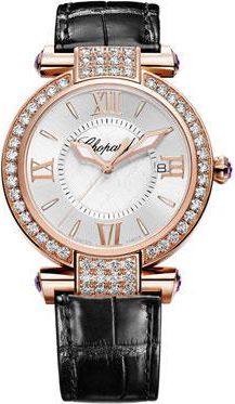 Chopard Imperiale Diamond Mother of Pearl Dial 18 kt Rose Gold Black Leather Ladies Watch 384221-5002