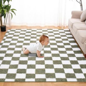 OEM Tapis Salon Shaggy 160 X 230 Cm Descente De Lit Poils Longs Doux Pour Salon Chambre Canap&eacute; Moelleux Chambre Blanc Vert
