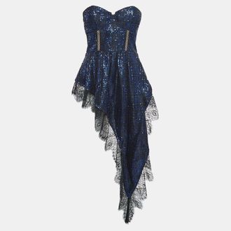 Self Portrait Blue/black Crepe Sequin Lace Trim Top