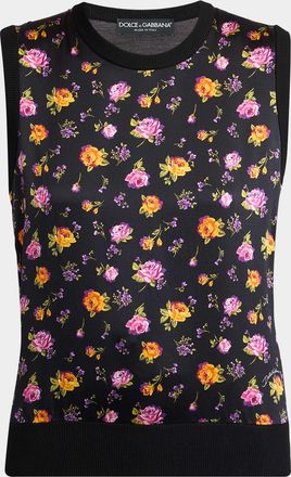 Dolce & Gabbana Small Rose Bouquets-Print Silk Tank Top