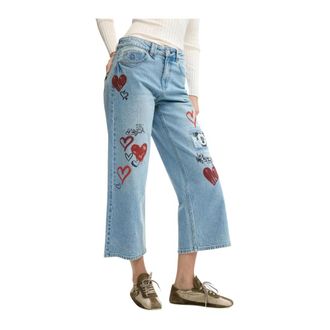Desigual Cropped Jeans, female, Blue, Size: 2XS Wide Leg Embroidered Jeans
