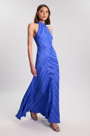 Karen Millen Womens Petite Stripe Fabric Detail Fluid Halter Maxi Dress - Blue Viscose - Size 16 UK