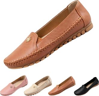 Generic Stylish Orthopedic Leather Shoes-All-Day Comfort for Women, Lightweight Anti-Slip Slip on Stitched Flat-Soled Casual Loafers (Brown,5.5)