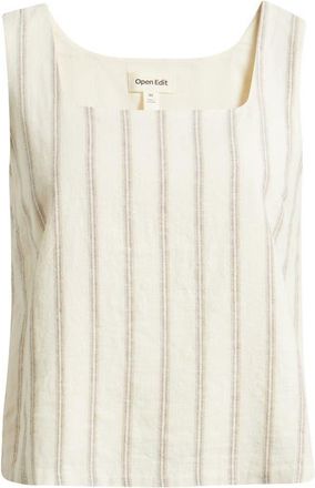 Open Edit Square Neck Sleeveless Linen Blend Top in Beige Cabana Stripe at Nordstrom, Size Xx-Small