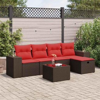 vidaXL Set Sof&aacute;s De Jard&iacute;n 6 Piezas Y Cojines Rat&aacute;n Sint&eacute;tico Marr&oacute;n Vidaxl