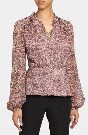 Santorelli Lana Long Sleeve Ruffle Top in Paisley Printed Georgette in Dusty Lilac Multi at Nordstrom, Size 10