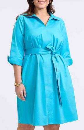 Foxcroft Agnes Belted Shirtdress in Ibiza Turquoise at Nordstrom, Size 1X