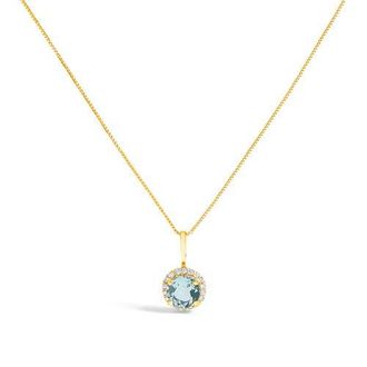 House of Brilliance 10K Gold Gemstone and 1/10 Cttw Diamond Accent Halo Pendant Necklace in Yellow | Blue Aquamarine at Nordstrom