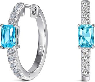 MAX + STONE 925 Sterling Silver Emerald Cut Round Gemstone Hoop Earrings with Cubic Zirconia