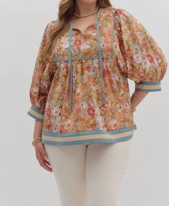Entro Floral 3/4 Sleeve Top In Terracotta