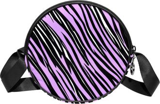 Generic Circle Crossbody Bag for Women, Purple Zebra Stripes Small Sling Bag Daypack with Zipper Adjustable Shoulder Straps Casual Ladies Girls Round Purse