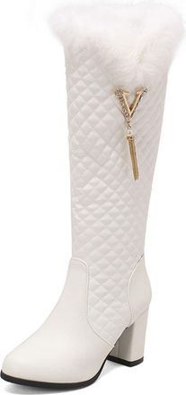 Generic Womens Chunky High Heel Knight Boots Round Toe Knee High Boots with Tassel PU Leather Winter Boot with Side Zipper,White,10.5 UK