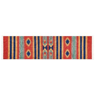Beliani Alfombra Kilim De Algod&oacute;n Azul Rojo Naranja 80 X 300 Cm A Mano Geom&eacute;trico Borlas Hatis