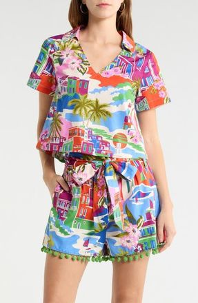 Sugarlips Rumi Town Marlie V-Neck Top in Cream-Blue-Multi at Nordstrom, Size X-Large