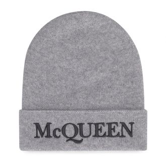 Alexander McQueen Accessoires, Heren, Grijs, ONE Size, Logo Geborduurde Beanie
