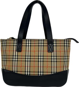 Burberry Beige Black Canvas Leather Handbag Tote Bag (Pre-Owned)