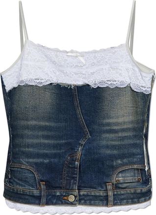 Balenciaga Denim top met kanten inzetstukken - Dames - Tops zonder mouwen - Blauw - 2XS - Denim - Tops