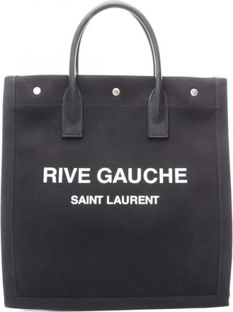 Saint Laurent Black White Canvas Leather Handbag Tote Bag (Pre-Owned)