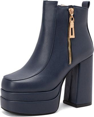 Generic Womens Platform Chunky Block Heel Ankle Boots Heel with Side Zip Detail for Trendy Casual Wear,Blue,7.5 UK