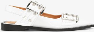 Ganni White Wide Welt Buckle Ballerinas - Size 10 Calf Leather