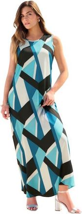 Roaman's Plus Size Sleeveless Crew Neck Maxi Dress in Soft Turquoise Geo Pattern at Nordstrom, Size 20