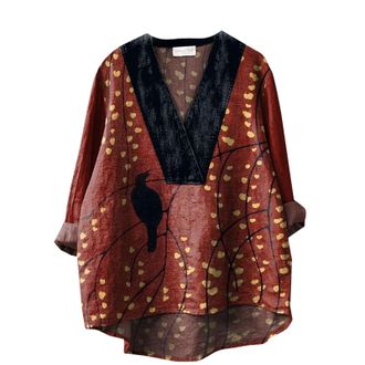 Generic Womens Long Sleeve Shirt Patterned 2024 Blouse Top Japanese Traditional Geometric Pattern Printed Womens Casual Cotton and Linen V Neck Shirt Womens D