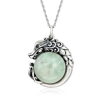 Ross-Simons Jade Dragon Pendant Necklace With Single Black Sapphire in Sterling Silver