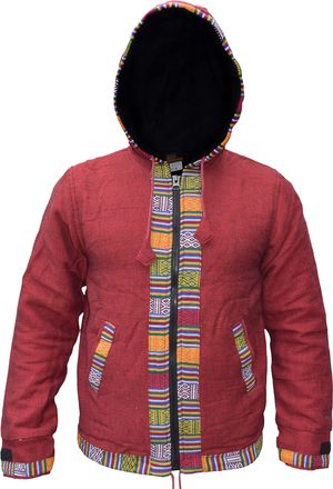 Gheri Mens Ofal Cotton Fleece Lined Ethnic Nepalese Full Zip Winter Jacket Hoodie Maroon Medium