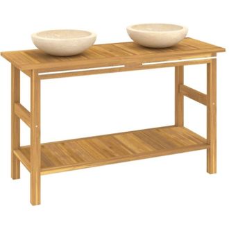 vidaXL Tocador De Ba&ntilde;o Madera Maciza De Teca Con Lavabos M&aacute;rmol Crema Vidaxl