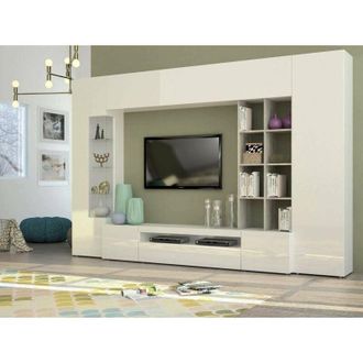 Dmora Dmora - Parete attrezzata da soggiorno, Made in Italy, Base porta tv e pensili e scaffali, Set salotto moderno, cm 290x40h192, colore Bianco lucido e