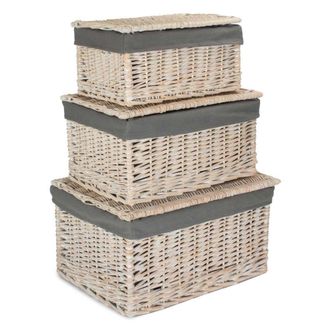 Red Hamper Set of 3 White Wash Steamed Cotton Lined Storage Basket in Grey
