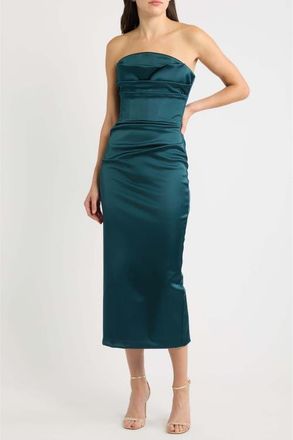 La Petite Robe Di Chiara Boni Voca Pleated Strapless Satin Midi Cocktail Dress in 549E Sherwood at Nordstrom, Size 14