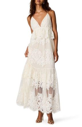 Steve Madden Annette Lace Embroidered Tiered Maxi Peplum Dress in Whisper White at Nordstrom, Size 10