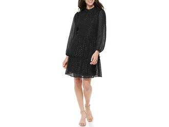 Tommy Hilfiger Long Sleeve Glitter Chiffon Tiered Shift Womens Dress Black : 4, Chiffon/Polyester