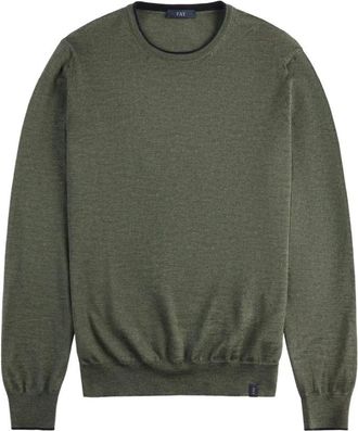 Fay Groene wollen trui met elleboogpatches - Heren - Ronde hals truien - Groen - S - Wol - Truien & Vesten