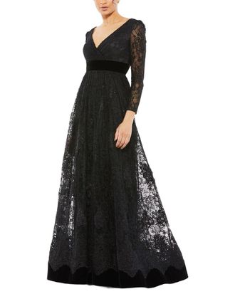 Mac Duggal Lace Long Sleeve V-Neck Wrap Over Gown