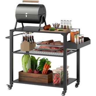 OUTSUNNY Carrito De Parrilla De 3 Niveles Carrito De Barbacoa Carrito De Servir Con 4 Ruedas Estantes Y Asa Mesa De Horno De Pizza Negro