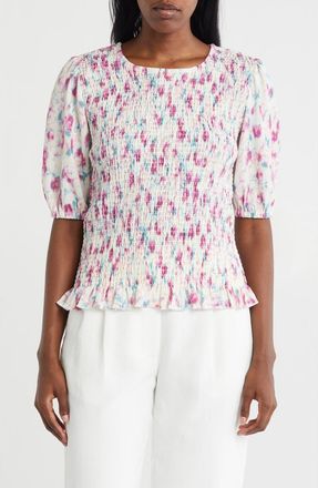 Bobeau Floral Puff Sleeve Smocked Top in Lavender/Teal Floral at Nordstrom Rack, Size X-Large