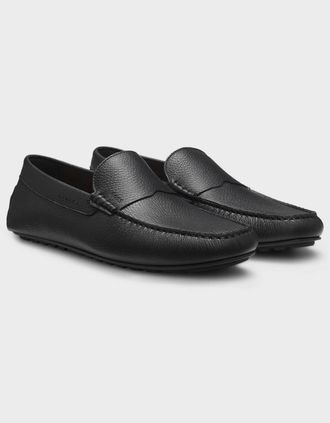 HUGO BOSS Mens BOSS Orange Noel Mens Tumbled-Leather Loafers with Driver Sole - Black 001 - Size: 12