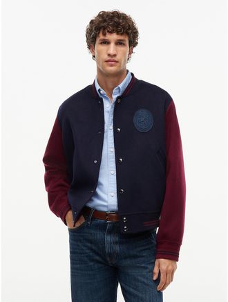 Tommy Hilfiger Mens New York Label Wool-Cashmere Blend Varsity Jacket - Navy Blue - L