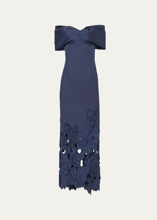 Costarellos Norelle Satin Off-The-Shoulder Floral-Cut Column Gown