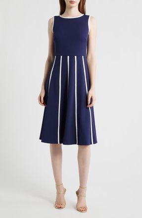 Anne Klein Sleeveless Cool Crepe Fit & Flare Dress in Deep Navy/White Dove at Nordstrom, Size 10