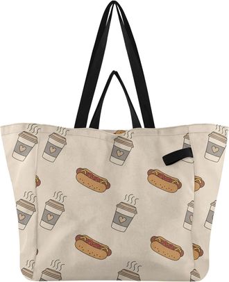 Generic Hotdog Coffee Beige print Reusable Canvas Tote Bag, Heavy Duty Grocery Shopping Bag with Double Handles Hard Bottom Large Capacity Work Groceries Trav